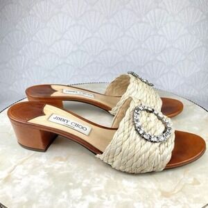 Jimmy Choo Raffia Crystal Buckle Block Heel Sandals Womens 41 Brown Woven Slides